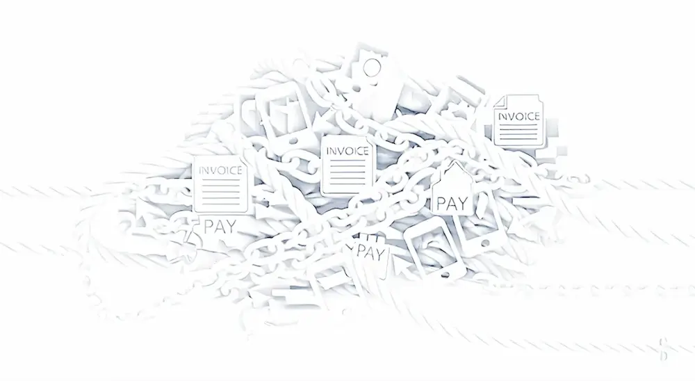 Ein Berg aus Rechnungen und Ketten, der die Abo-Falle im Softwarebudget darstellt